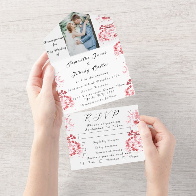 Rustic Cherry Blossom Japanese Pink Flowers Sakura All In One Invitation (Tearaway)