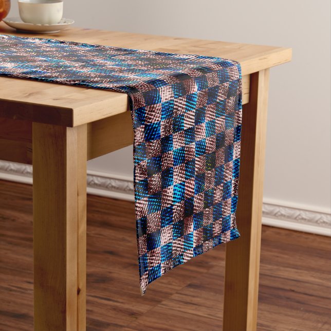 Rustic chess in the form of crossed scratches long table runner (In Situ)