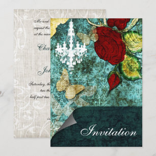 Rustic Chic Aqua Vintage Rose Wedding Invitation