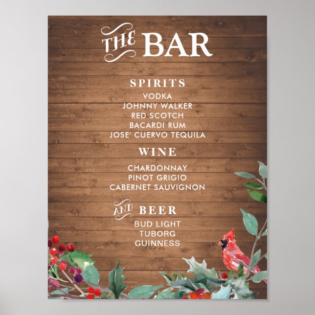 Rustic chic Bar Menu Sign | Holiday party bar (Front)