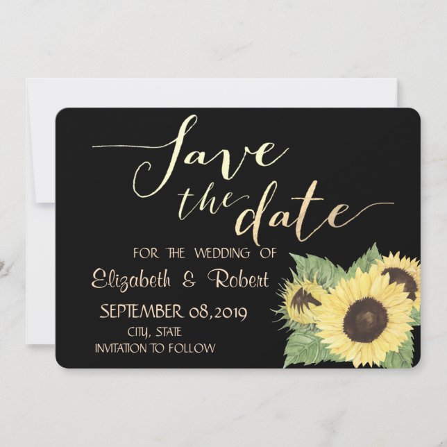 Rustic Chic Black, Sunflowers Save The Date (Front)