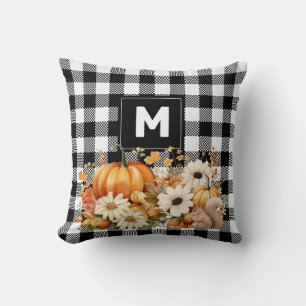 Rustic Chic Black White Plaid Fall Garden Monogram Throw Pillow
