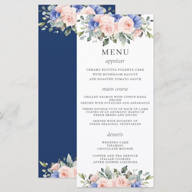 Rustic Chic Blush Blue Floral Flowers Wedding Menu (Front/Back)