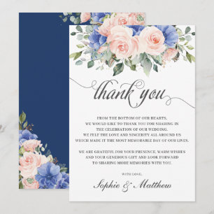 Rustic Chic Blush Blue Floral Roses Wedding Bridal Thank You Card