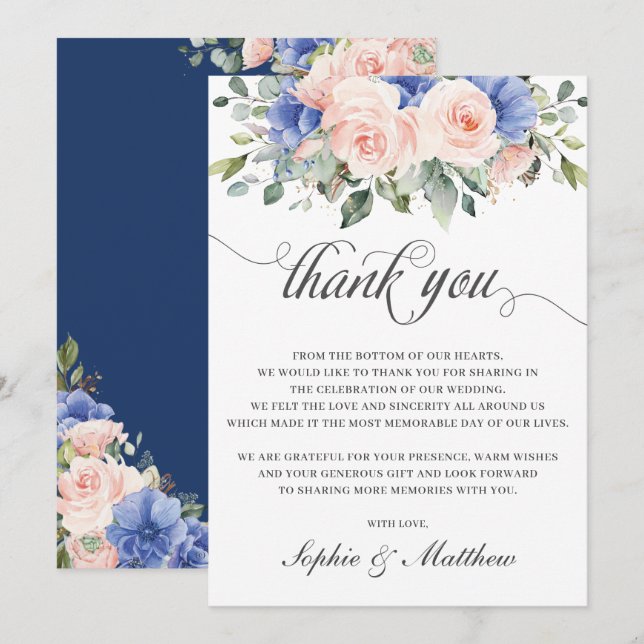 Rustic Chic Blush Blue Floral Roses Wedding Bridal Thank You Card (Front/Back)