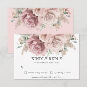 Rustic Chic Blush Dusty Rose Floral Pampas Wedding RSVP Card