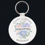 Rustic Chic Blush Pink Blue Floral Personalized Keychain<br><div class="desc">Rustic chic blush pink and blue flowers are surrounded by green leaves and vines. The bridesmaid's name divides the roses in half. The bride's name and wedding is written in curved text above the roses bridesmaid is written in curved text below. This keychain is part of the Joyeux collection. You'll...</div>