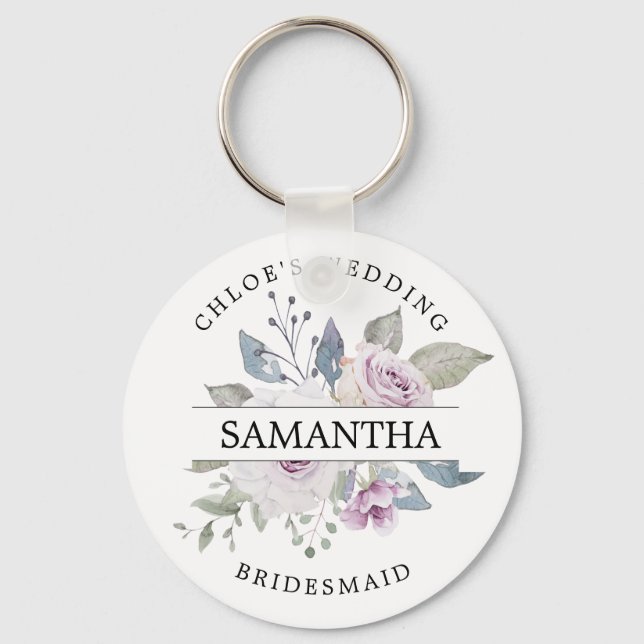 Rustic Chic Blush Purple Rose Floral Personalized Keychain (Front)