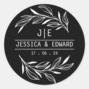 Rustic Chic Botanical Couple Initials Black White Classic Round Sticker