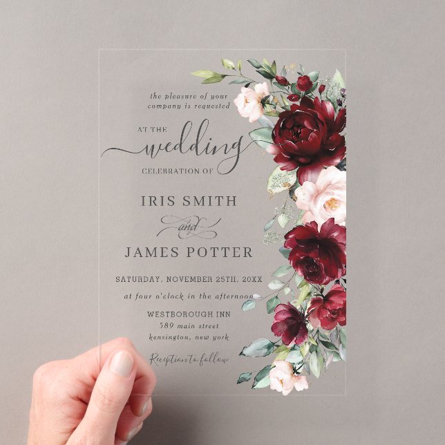 Rustic Chic Burgundy Blush Pink Floral Wedding Acrylic Invitations (Insitu (Handheld))