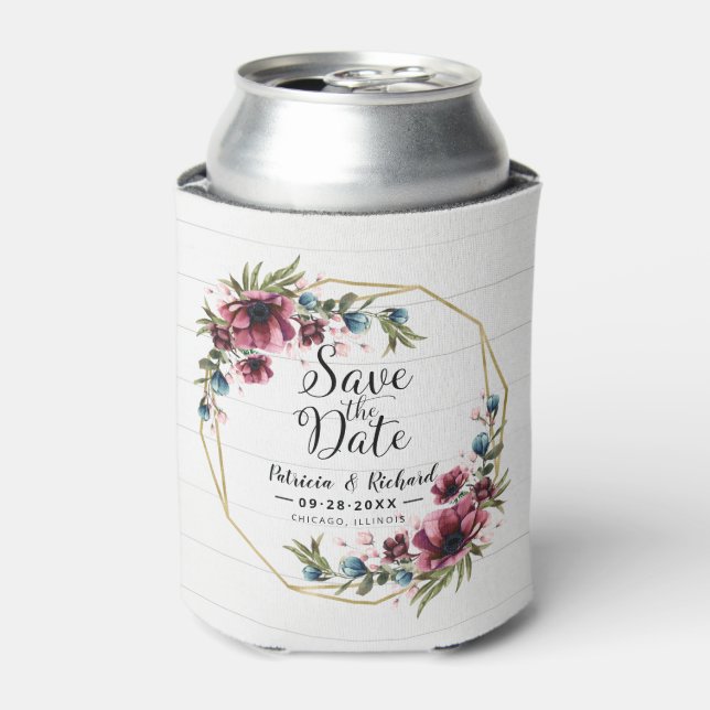 Rustic Chic Burgundy Floral Wedding Save The Date Can Cooler (Can Front)