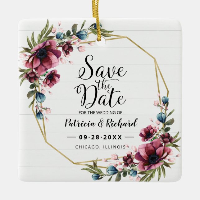 Rustic Chic Burgundy Floral Wedding Save The Date Ceramic Ornament (Front)
