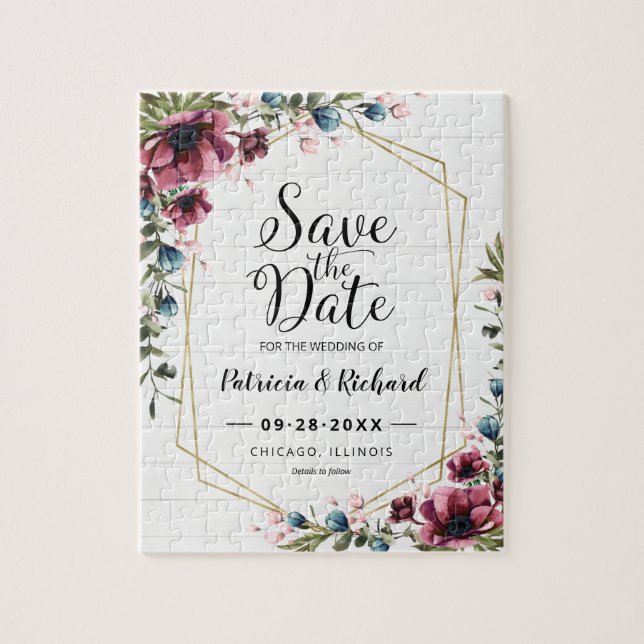 Rustic Chic Burgundy Floral Wedding Save The Date Jigsaw Puzzle (Vertical)
