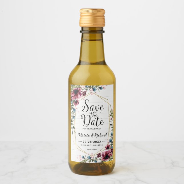 Rustic Chic Burgundy Floral Wedding Save The Date Wine Label (Front)