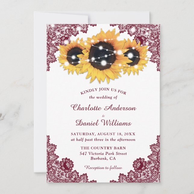 Rustic Chic Burgundy Lace Sunflower Wedding Invitation (Front)