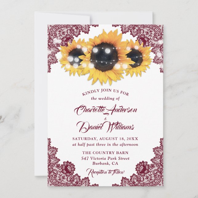 Rustic Chic Burgundy Lace Sunflower Wedding Invitation (Front)