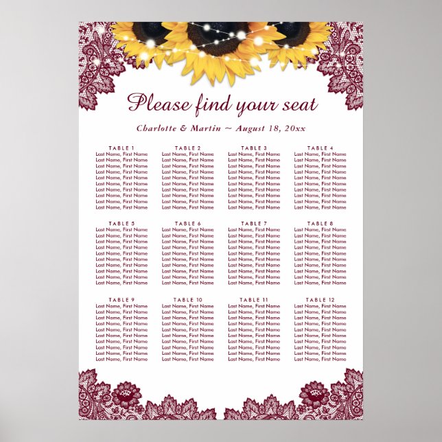 Rustic Chic Burgundy Sunflower Seating Chart 12 (Front)