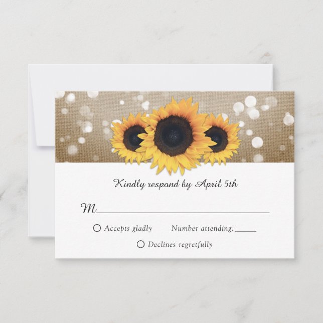 Rustic Chic Burlap and Lace Sunflower Wedding RSVP Card (Front)