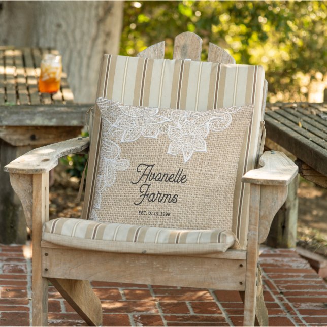 Rustic Chic Burlap & Lace Personalized Outdoor Pillow (Chair)
