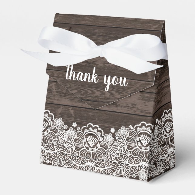 Rustic Chic Dark Brown Wood White Lace Wedding Favor Box (Front Side)