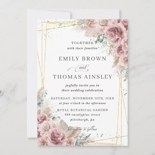 Rustic Chic Dusty Rose Blush Floral Pampas Wedding Invitation (Front)