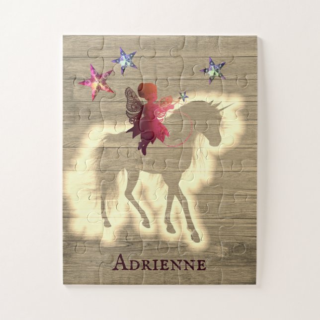 Rustic Chic Fairy Riding Unicorn Personalized Jigsaw Puzzle (Vertical)
