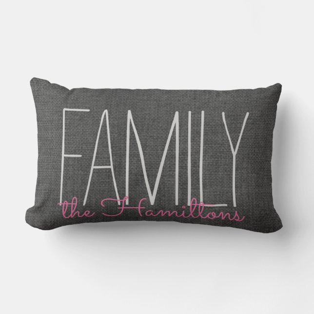 Rustic Chic Family Monogram IN DARK GREY AND PINK Lumbar Pillow (Front)