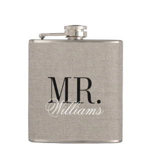 Rustic Chic Faux Burlap Mr. and Mrs. Monogram Hip Flask