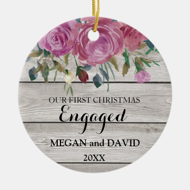 Rustic chic First Christmas Engaged or married Ceramic Ornament (Front)