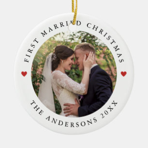 Rustic Chic   First Married Christmas with Photo Ceramic Ornament