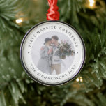 Rustic Chic | First Married Christmas with Photo Metal Ornament<br><div class="desc">This elegant,  rustic style newlyweds Christmas ornament features your personal wedding photo with a simple white background and classic,  dark grey text that says "First Married Christmas". The perfect minimalist look for your first holiday tree as husband and wife!</div>