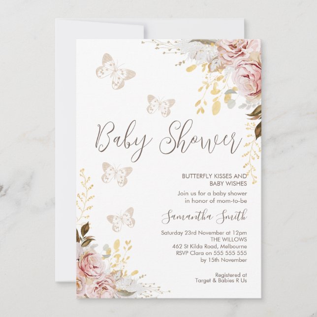 Rustic Chic Floral Butterfly Kisses Baby Shower Invitation (Front)