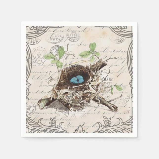 rustic chic french country botanical bird nest napkin (Front)