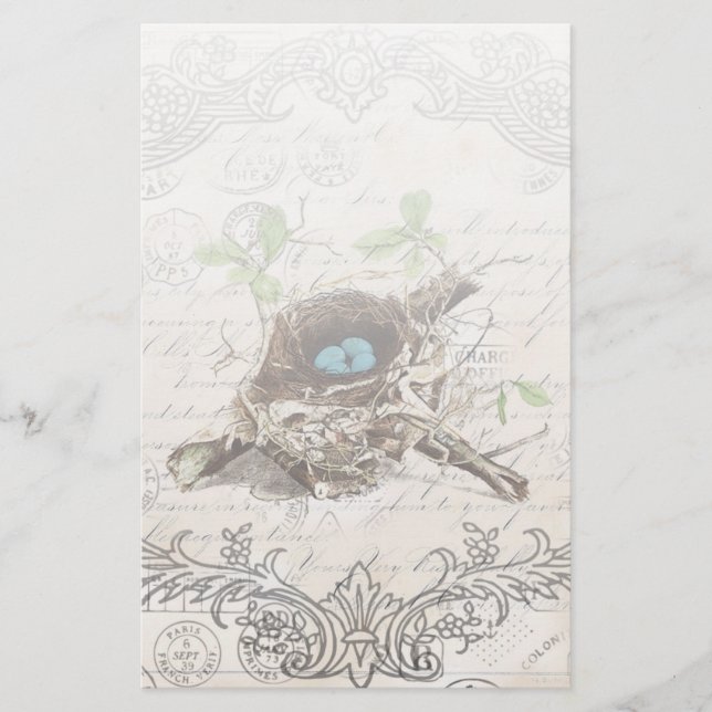 rustic chic french country botanical bird nest stationery (Front)