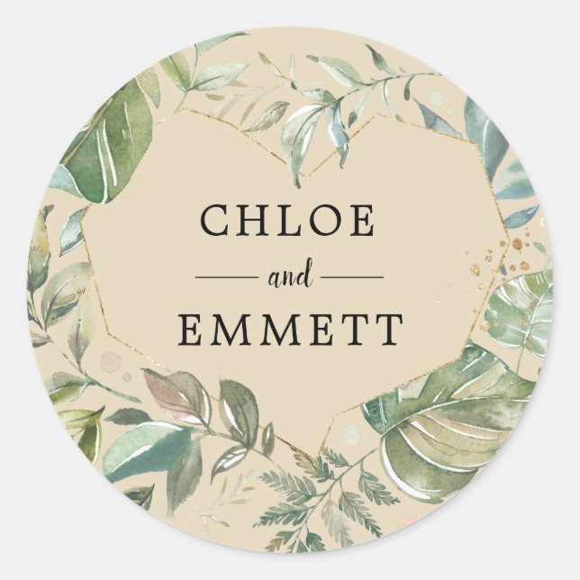Rustic Chic Green Gold Botanical Heart Wedding Classic Round Sticker (Front)
