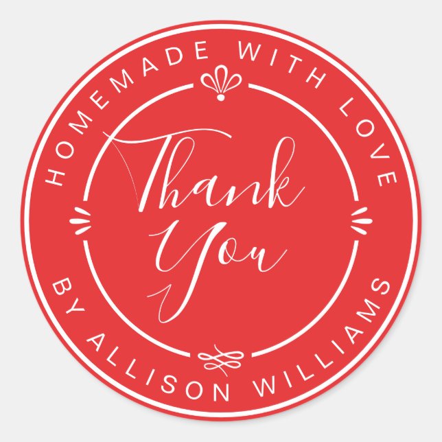 Rustic Chic Homemade Monogram Thank You Bright Red Classic Round Sticker (Front)