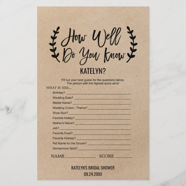 Rustic Chic How Well Do You Know The Bride Game (Front)