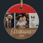 Rustic Chic Modern Multi Photo Ceramic Ornament<br><div class="desc">Customize this chic yet rustic Christmas ornament with three of your family photos. Design features a rustic wood panel with a customizable Christmas greeting and names on the back. Makes a great family keepsake.</div>