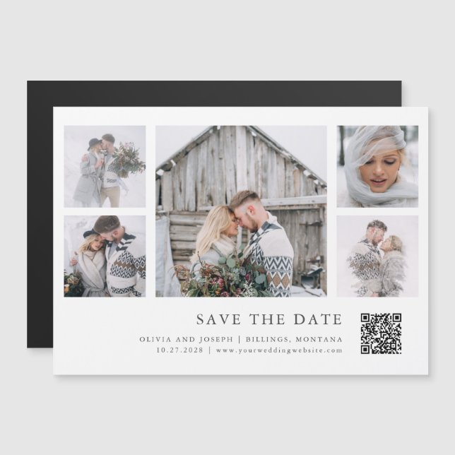 Rustic Chic Multi Photo Grid QR Code Save the Date Magnetic Invitation (Front/Back)