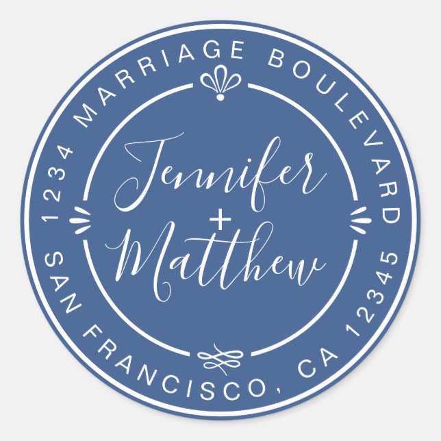 Rustic Chic Names Return Address Classic Blue Round Sticker (Front)