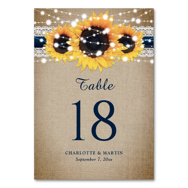 Rustic Chic Navy Blue Burlap Lace Sunflower Table Number (Front)