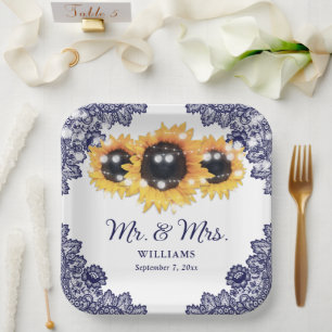 Rustic Chic Navy Blue Lace Sunflower Wedding Paper Plate