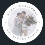 Rustic Chic | Photo Christmas Classic Round Sticker<br><div class="desc">These elegant,  rustic style Christmas stickers feature your personal photo with a simple white background and classic,  dark grey text that says "Merry Christmas",  but you can change it to any greeting you prefer. The perfect minimalist look for your holiday cards and gifting!</div>