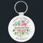Rustic Chic Pink Peony Floral Personalized Keychain<br><div class="desc">Rustic chic pink peonies are surrounded by green leaves and vines. The bridesmaid's name divides the peonies in half. The bride's name and wedding is written in curved text above the roses bridesmaid is written in curved text below. This keychain is part of the Pink Peony Wedding collection. You'll find...</div>