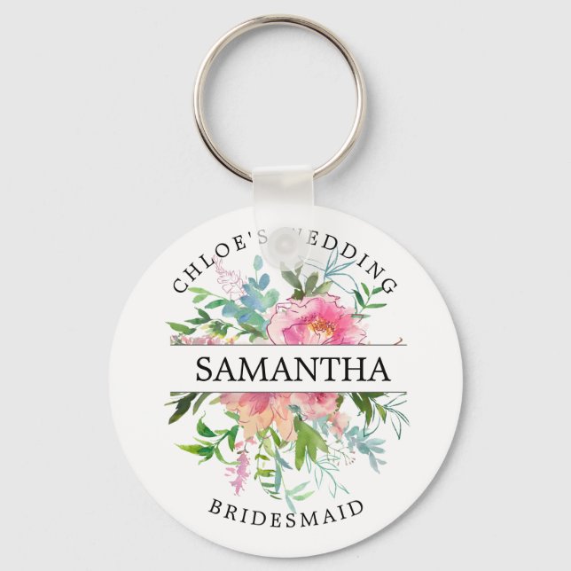Rustic Chic Pink Peony Floral Personalized Keychain (Front)