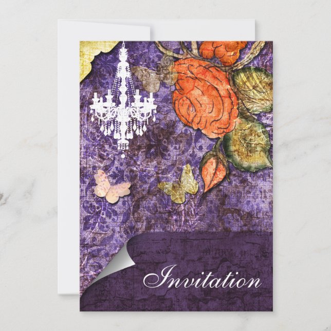 Rustic Chic Purple Vintage Rose Wedding Invitation (Front)
