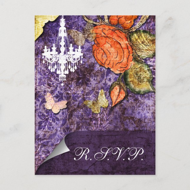 Rustic Chic Purple Vintage Rose Wedding Invitation Postcard (Front)