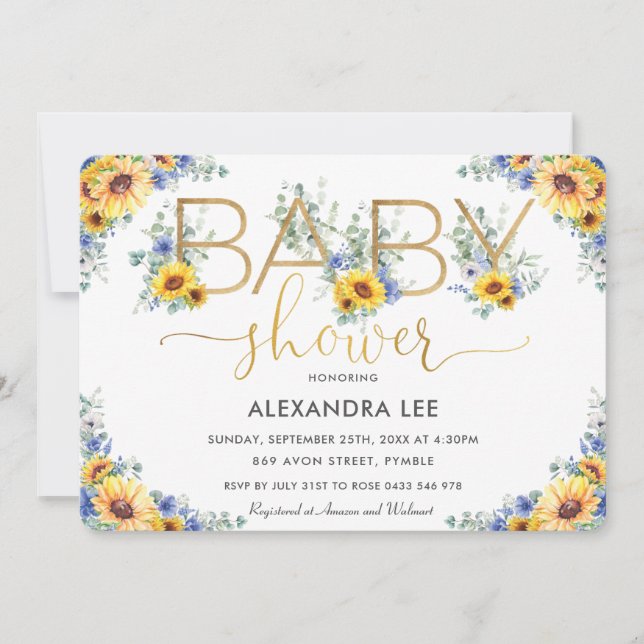 Rustic Chic Sunflower Blue Floral Baby Shower   In Invitation (Front)