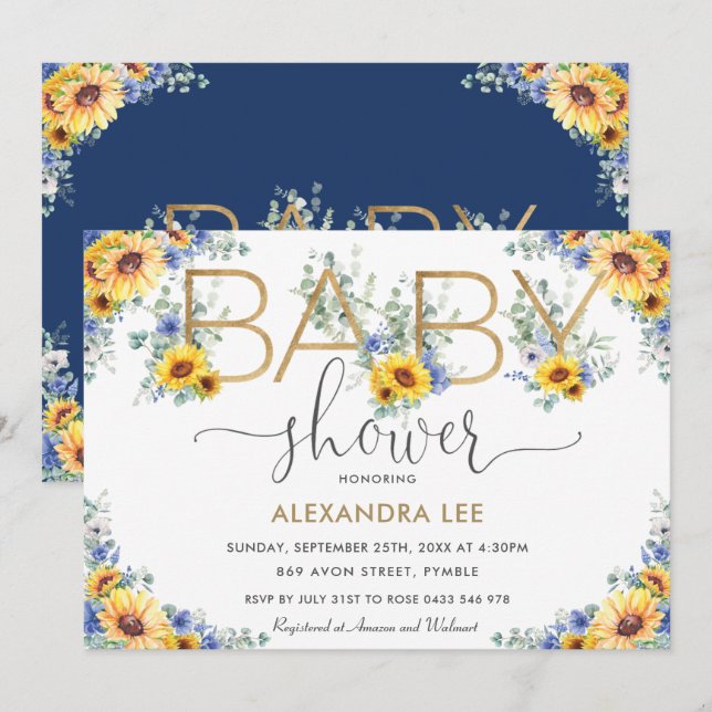 Rustic Chic Sunflower Blue Floral Baby Shower   In Invitation (Front/Back)