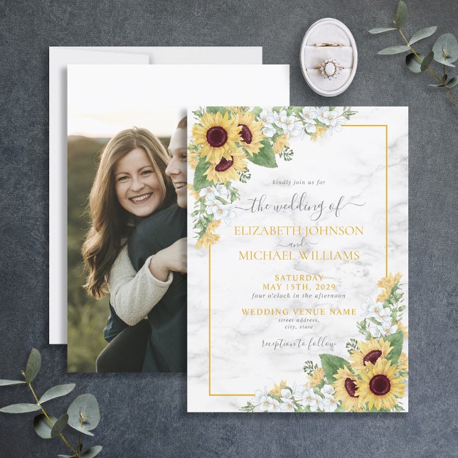 Rustic Chic Sunflower & Grey Floral Photo Wedding Invitation (Creator Uploaded)